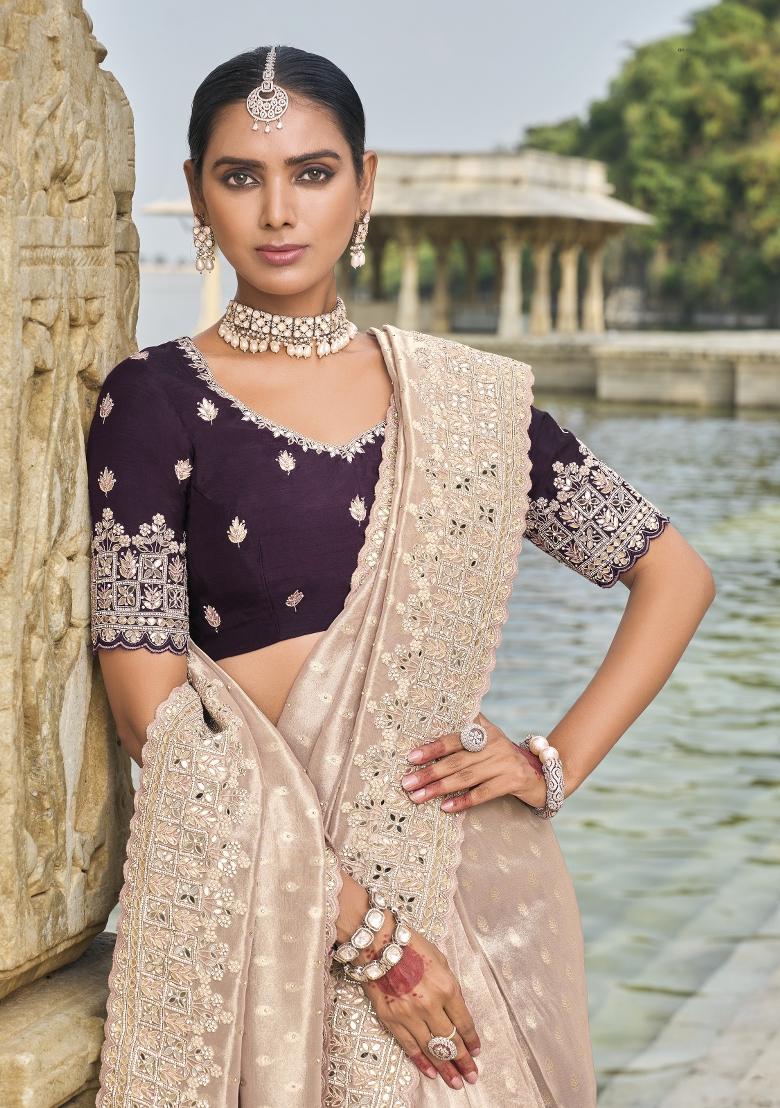 Light Peach Zardosi Georgette Saree Set