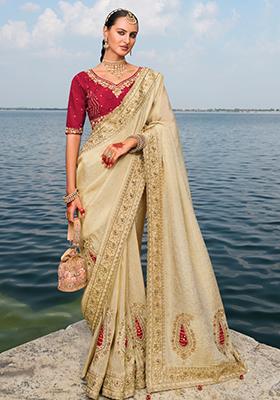 Cream Zardosi Jacquard Saree Set