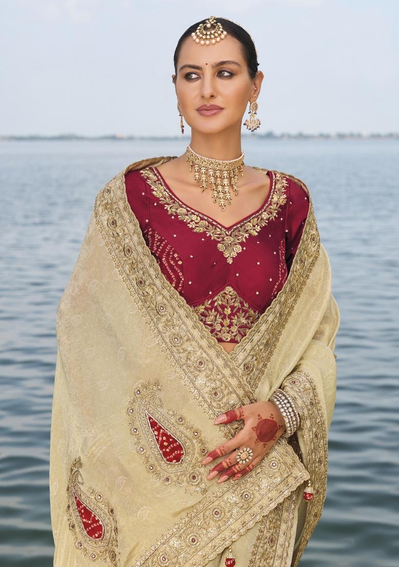 Cream Zardosi Jacquard Saree Set