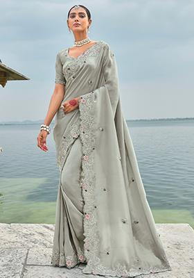 Grey Cut Dane Banarasi Silk Saree Set