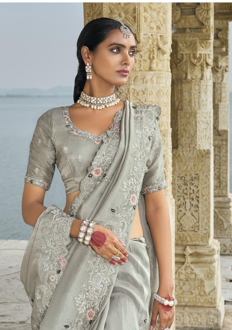 Grey Cut Dane Banarasi Silk Saree Set