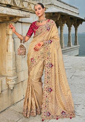 Beige Zardosi Georgette Saree Set