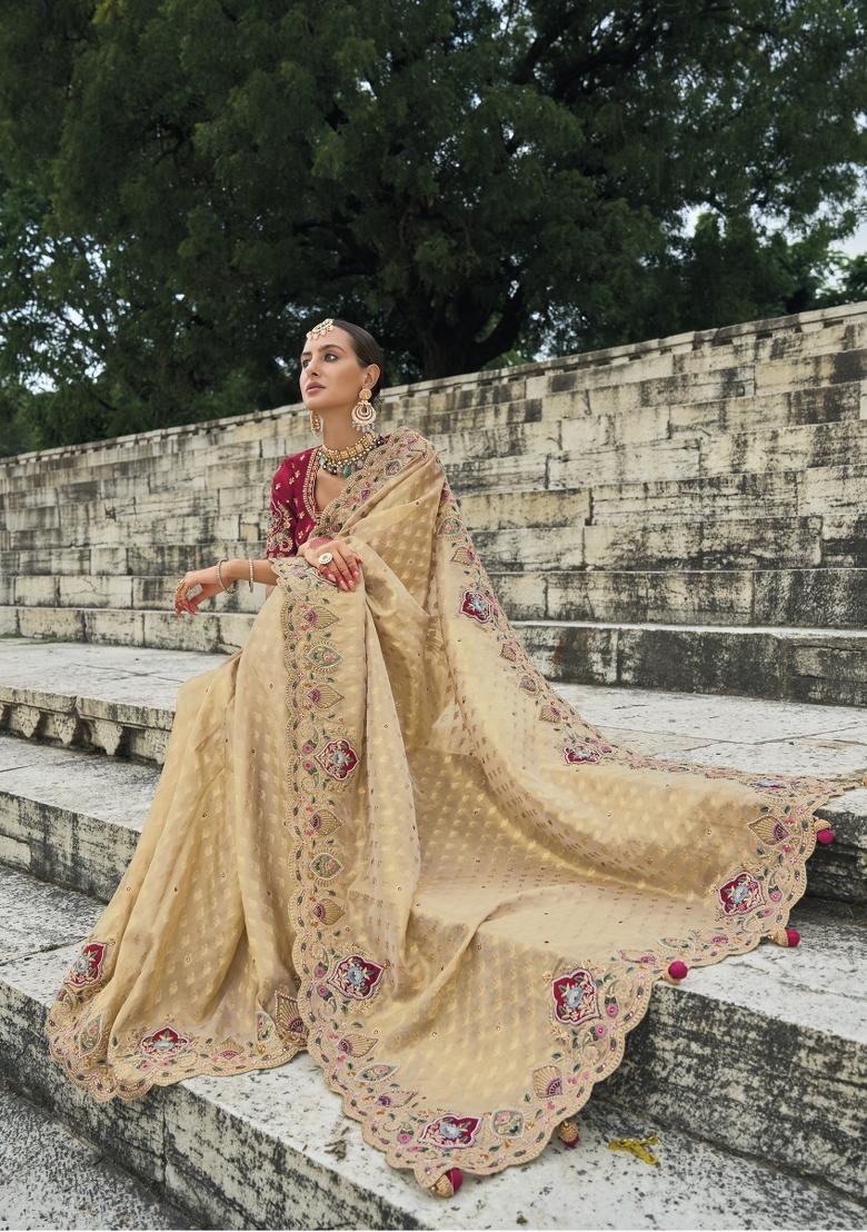 Beige Zardosi Georgette Saree Set