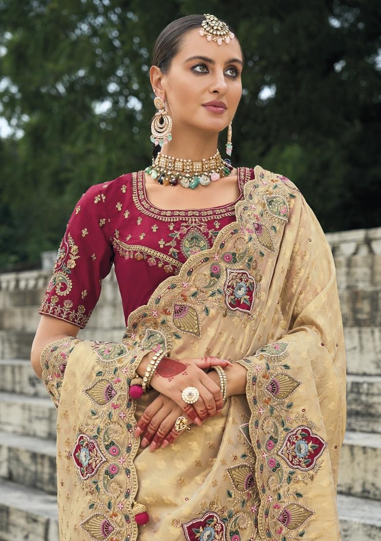 Beige Zardosi Georgette Saree Set