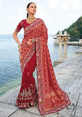 Maroon Bandhani Print Dola Silk Saree Set
