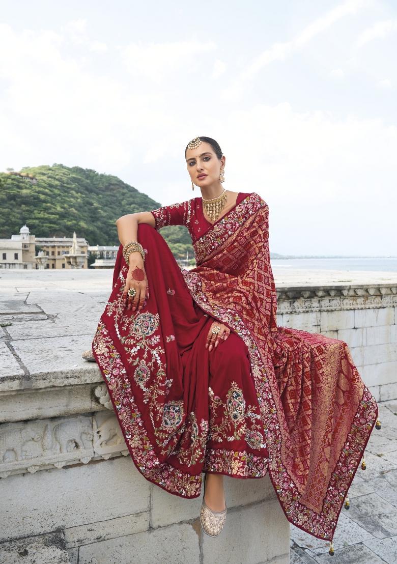 Maroon Bandhani Print Dola Silk Saree Set