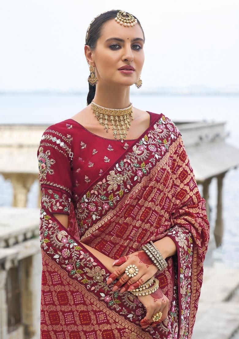 Maroon Bandhani Print Dola Silk Saree Set