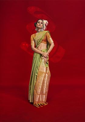 Green Woven Tussar Silk Saree Set