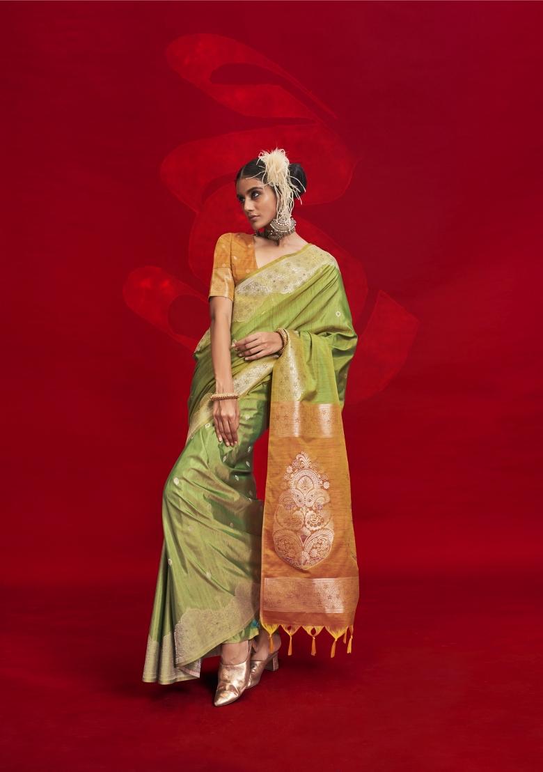Green Woven Tussar Silk Saree Set
