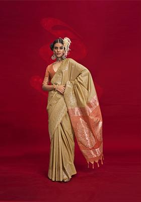 Green Woven Tussar Silk Saree Set