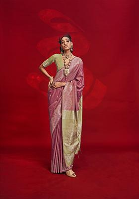 Pink Woven Tussar Silk Saree Set