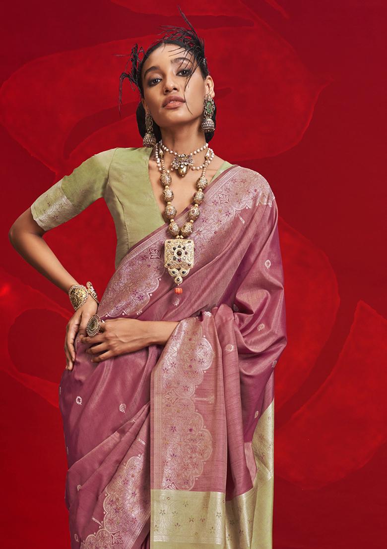 Pink Woven Tussar Silk Saree Set