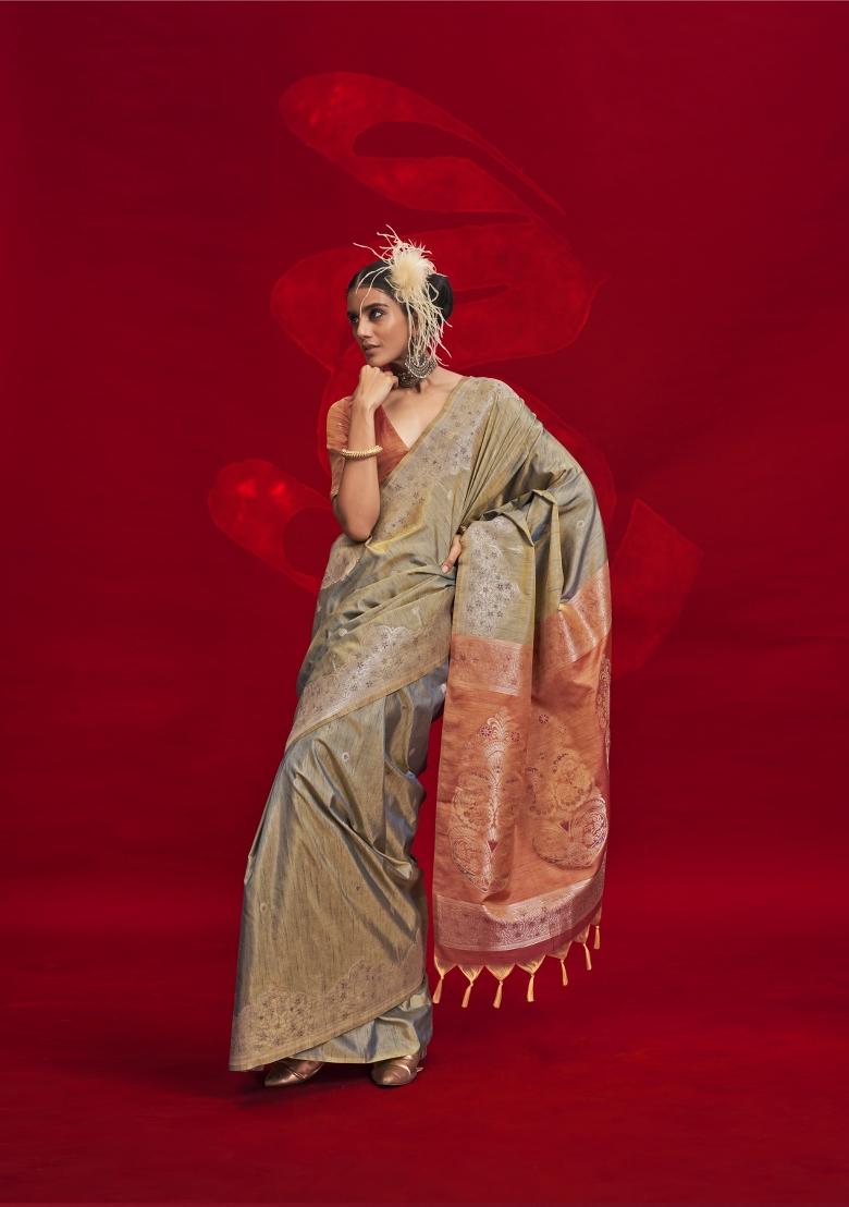 Green Woven Tussar Silk Saree Set