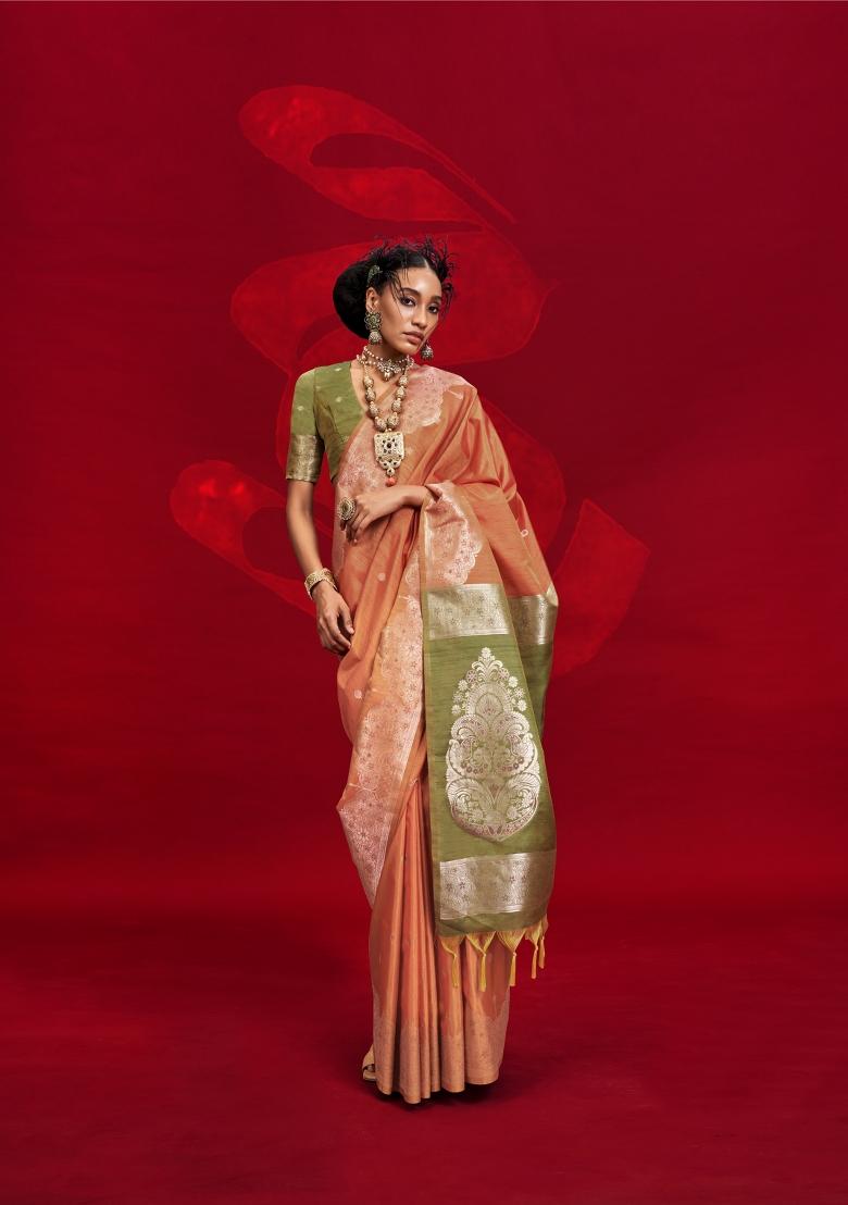 Orange Woven Tussar Silk Saree Set