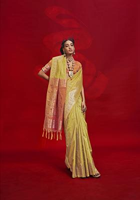 Light Green Woven Tussar Silk Saree Set