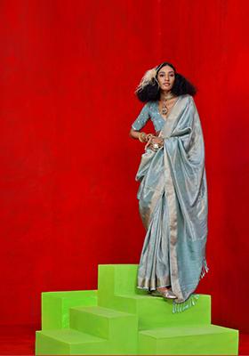 Grey Weaving Tissue Saree Set