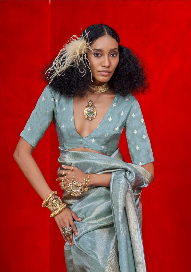 Grey Weaving Tissue Saree Set