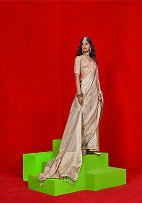 Cream Weaving Tissue Saree Set