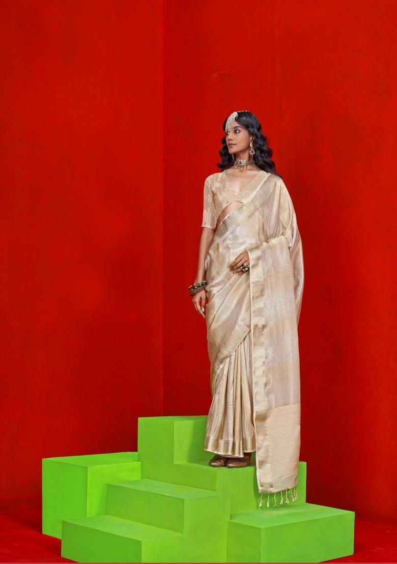 Cream Weaving Tissue Saree Set