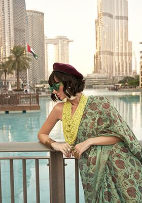 Green Printed Tussar Silk Saree Set