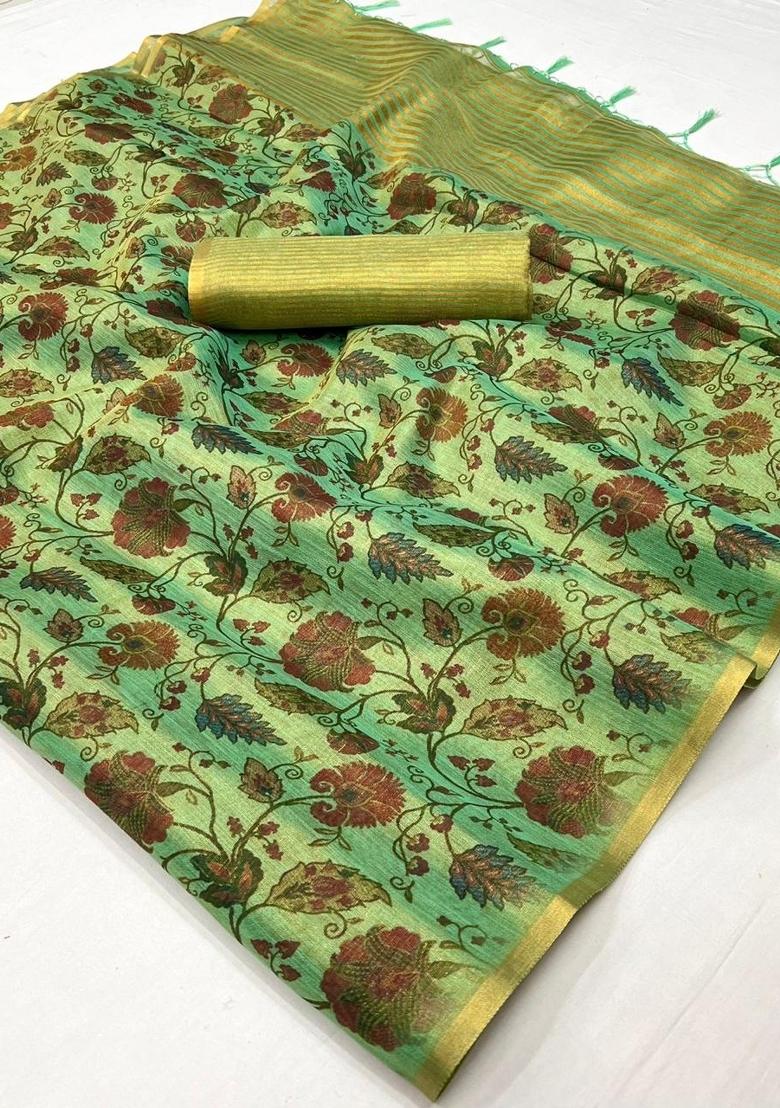 Green Printed Tussar Silk Saree Set
