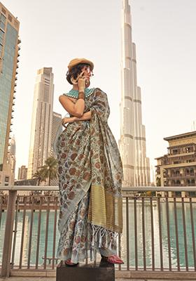 Grey Printed Tussar Silk Saree Set