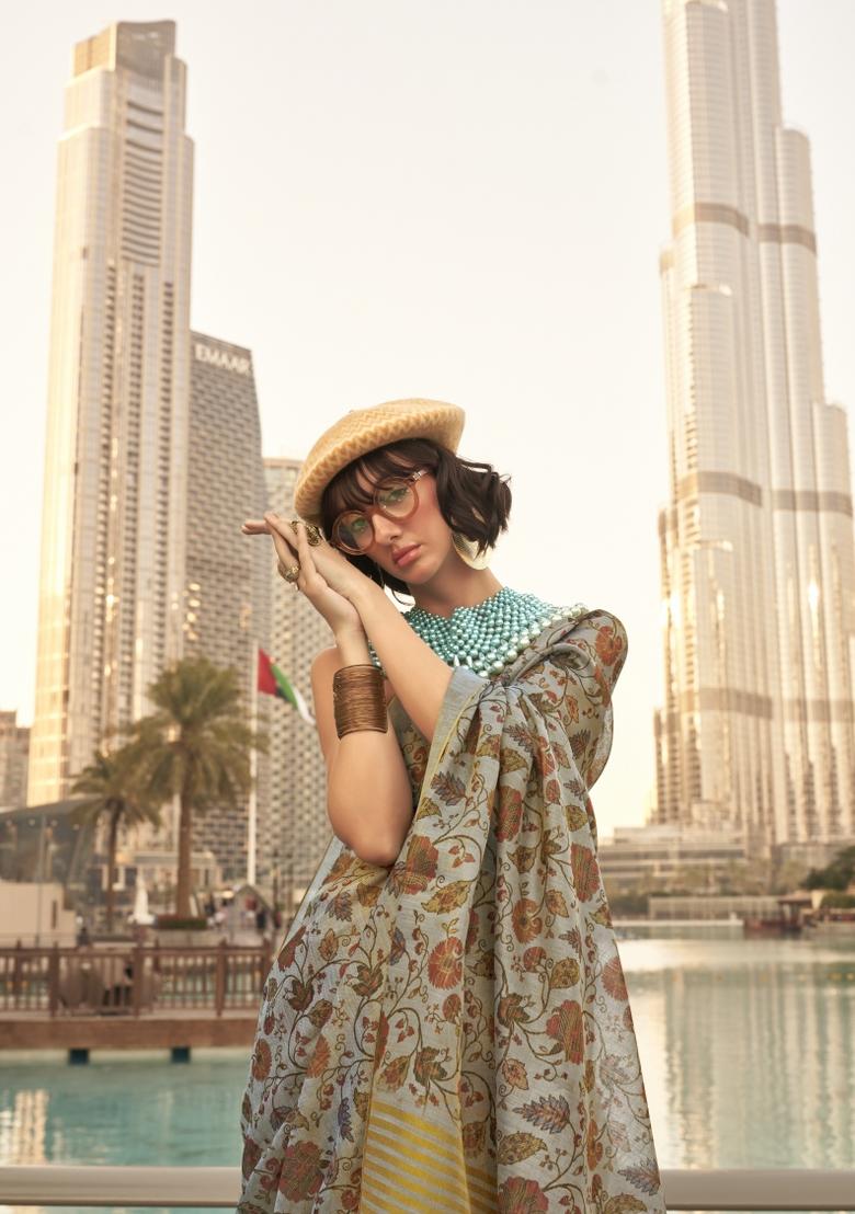 Grey Printed Tussar Silk Saree Set