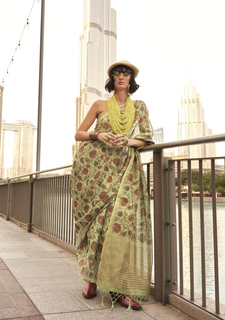 Light Green Printed Tussar Silk Saree Set