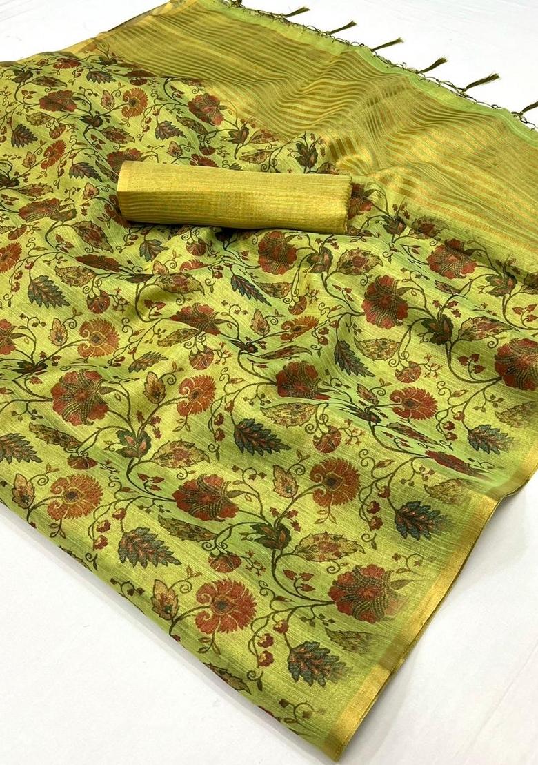 Light Green Printed Tussar Silk Saree Set
