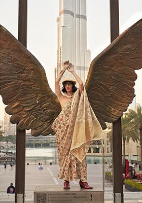 Peach Printed Tussar Silk Saree Set
