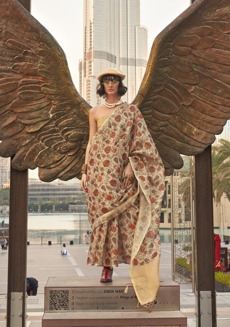 Peach Printed Tussar Silk Saree Set