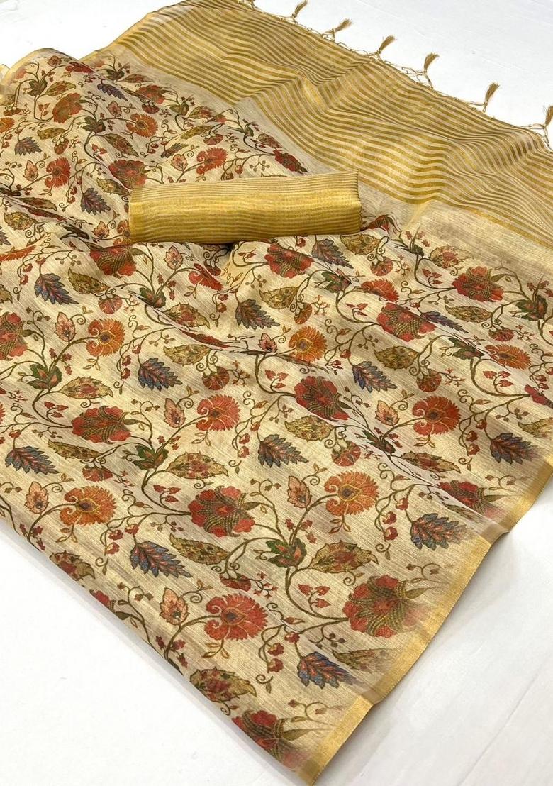 Peach Printed Tussar Silk Saree Set
