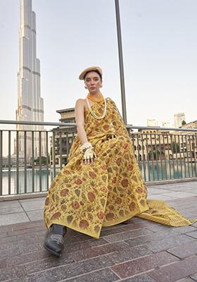 Yellow Printed Tussar Silk Saree Set