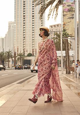 Pink Printed Tussar Silk Saree Set