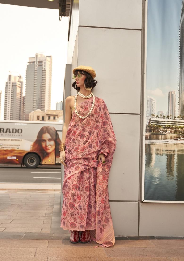 Pink Printed Tussar Silk Saree Set