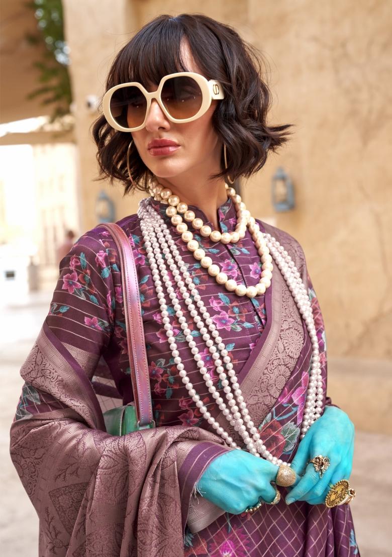 Burgundy Digital Print Georgette Saree Set