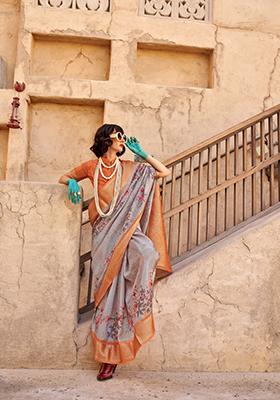 Grey Digital Print Georgette Saree Set