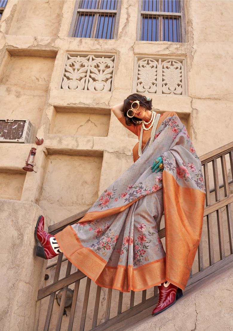 Grey Digital Print Georgette Saree Set