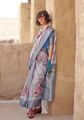 Grey Digital Print Georgette Saree Set
