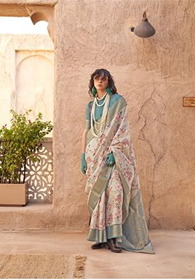 Cream Digital Print Georgette Saree Set