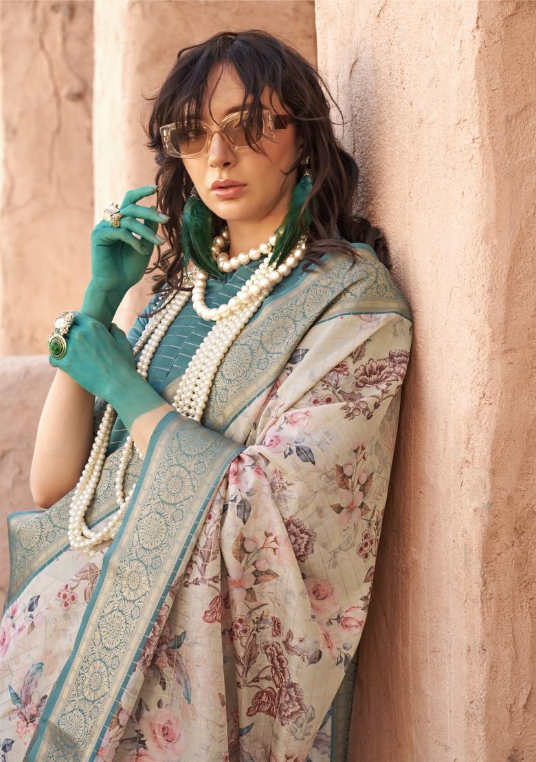 Cream Digital Print Georgette Saree Set