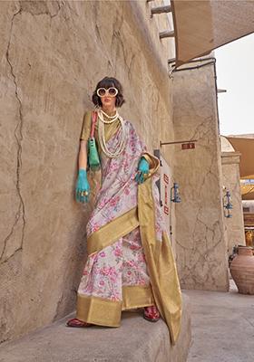 Grey Digital Print Georgette Saree Set