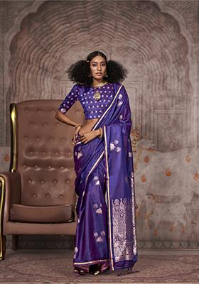 Purple Zari Work Satin Saree Set