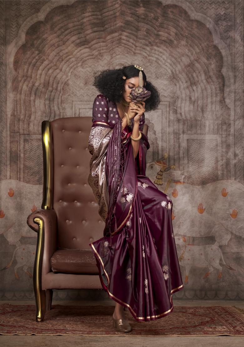Wine Zari Work Satin Saree Set