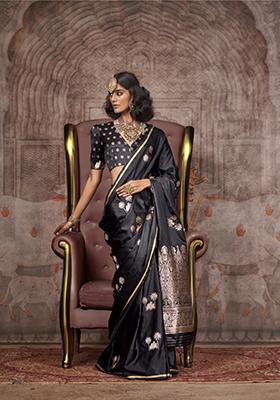 Black Zari Work Satin Saree Set