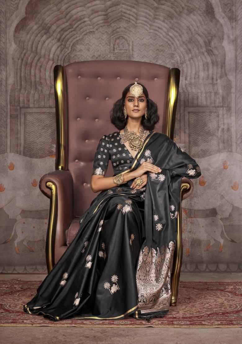 Black Zari Work Satin Saree Set