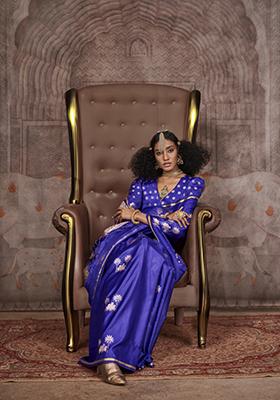 Royal Blue Zari Work Satin Saree Set