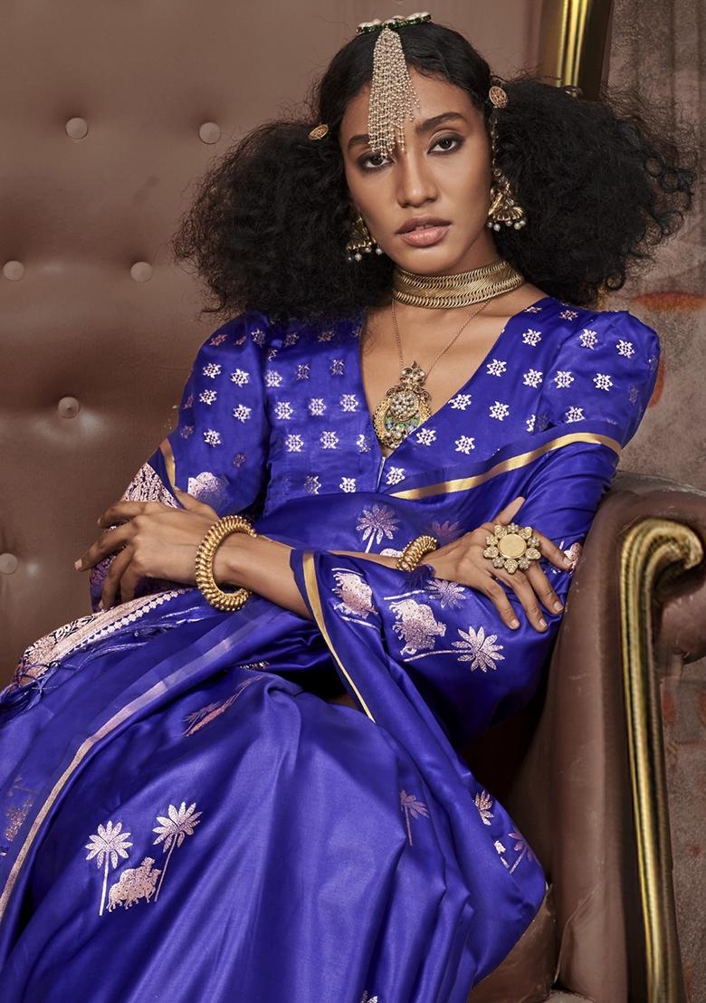 Royal Blue Zari Work Satin Saree Set