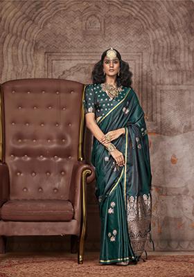 Green Zari Work Satin Saree Set