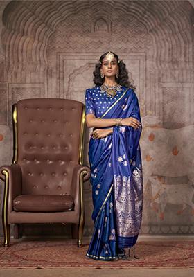 Blue Zari Work Satin Saree Set